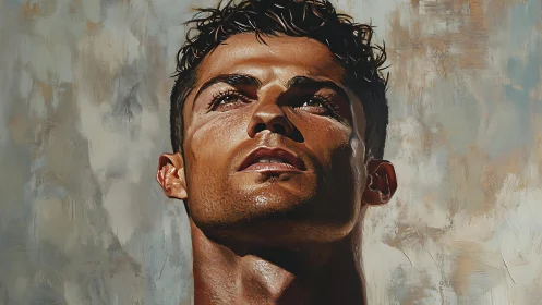 Hyperreal male portrait with upward gaze under strong light