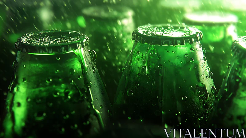 Green glass beverage bottles with condensation in close view.