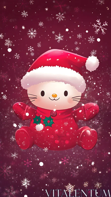 Cute Christmas cat character in red snow scene.