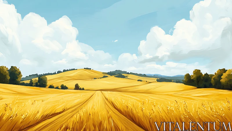 Golden wheat hills stretch beneath bright summer clouds.