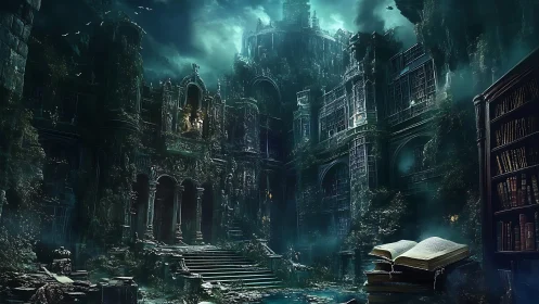 Ruined multi‑level library complex stands in misty light