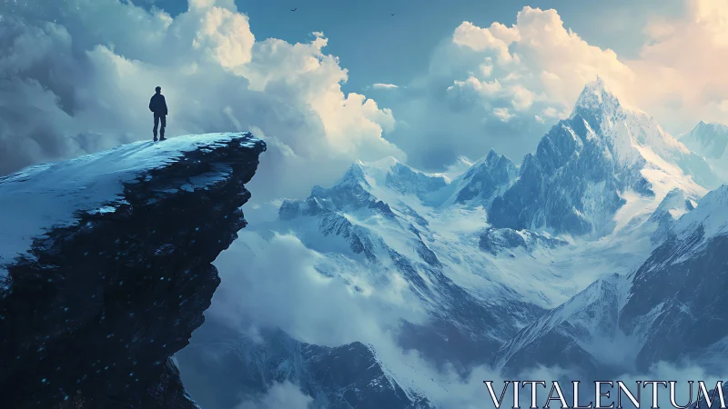 Solitary figure stands on snowy cliff facing distant peaks