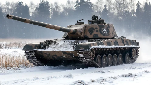 Main battle tank advancing through snowy woodland terrain.