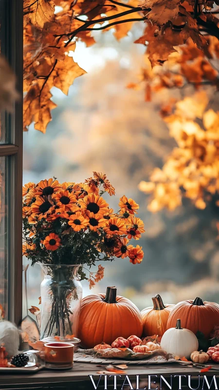 Pumpkin window glow and golden leaves in cozy autumn light.