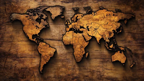Vintage world map glows warmly on textured wooden board