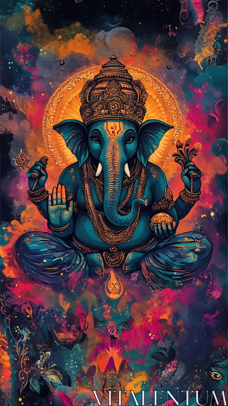 Vibrant digital deity with blue elephant figure and halo.