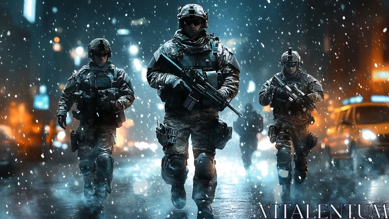 Armed soldiers advancing through snowy urban street at night.