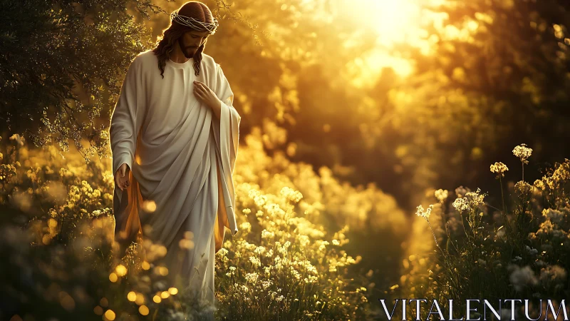 Gentle robed figure walking through sunset-lit meadow.