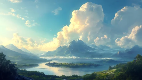 Digital painting of alpine lake valley with luminous cloudscape.