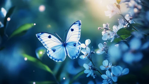 Bioluminescent blue butterfly in shallow-depth bokeh garden