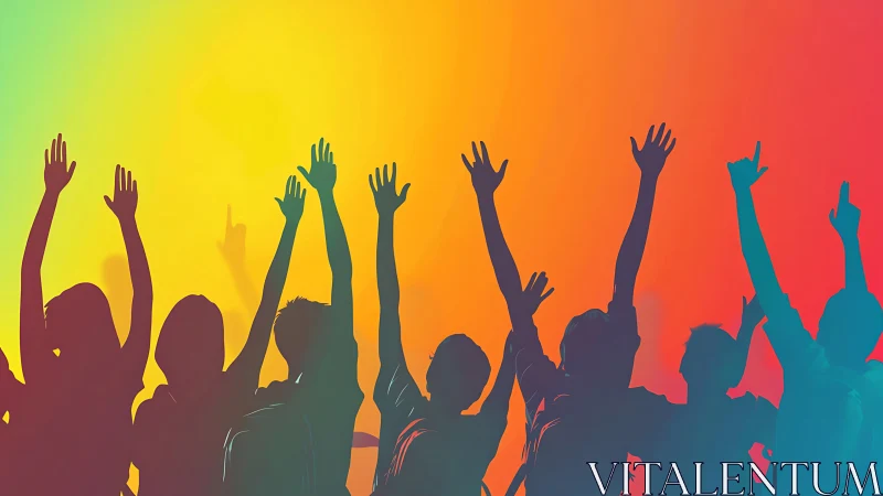 Silhouetted crowd raises arms against uniform gradient background