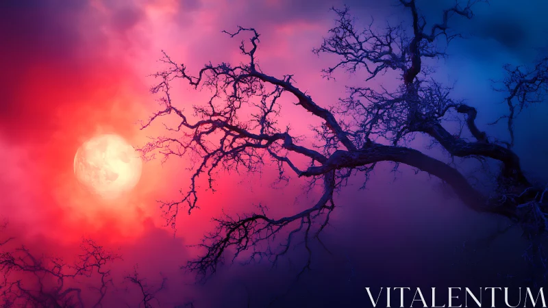 Surreal moonrise with silhouetted branches in neon gradient sky.