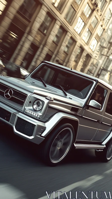 Urban dynamic rendering of silver Mercedes G-Class SUV in motion.