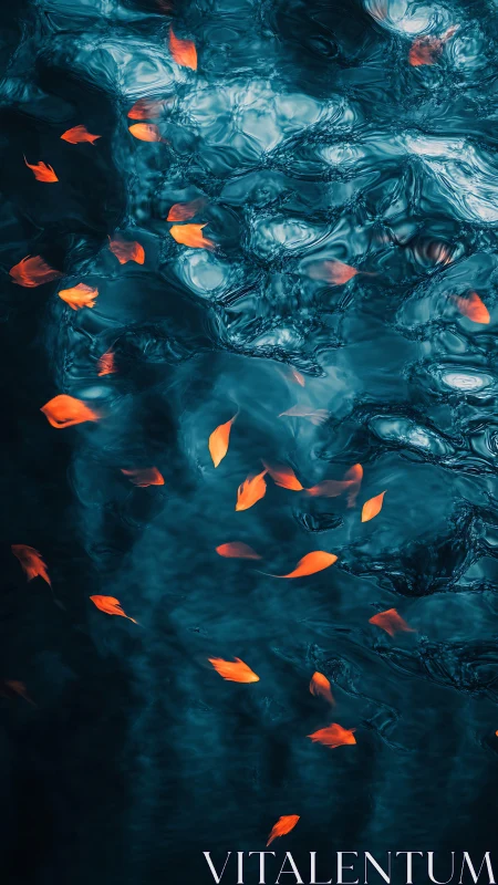 Orange leaves drifting across deep blue rippling water.