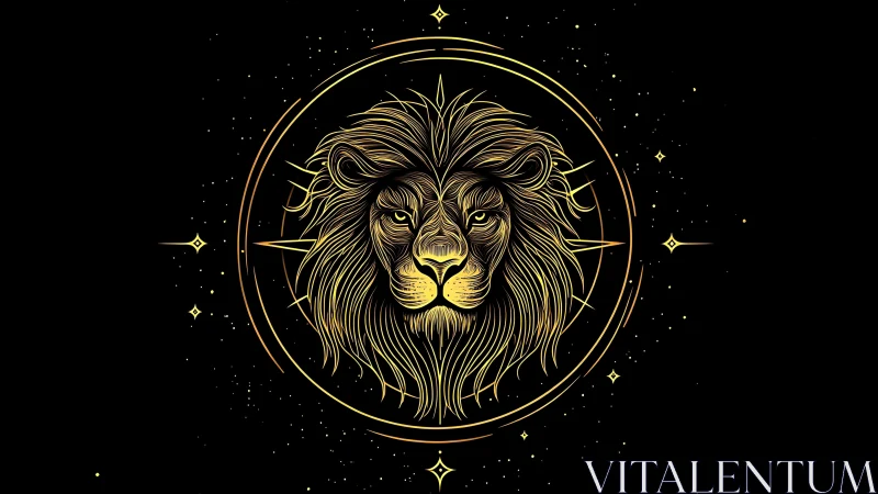 Golden line-art lion head forms celestial zodiac emblem
