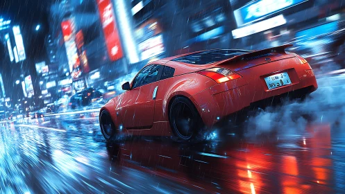 Night rain ignites a red sports car racing through neon streets