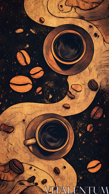 Coffee cups and beans in stylized yin yang layout.