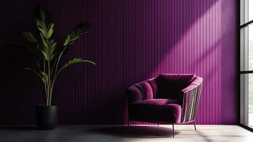 Velvet lounge chair sits in sunlit purple modern corner