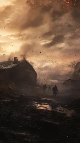 Soldiers cross burning village road under ember storm.