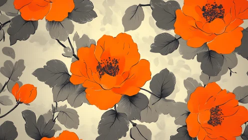 Orange Floral Pattern with Gray Foliage.