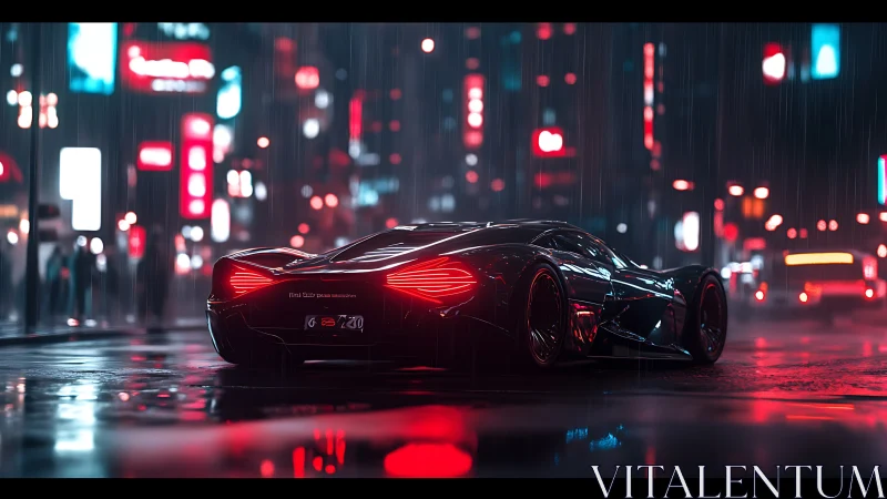 Midnight rain stroll with a neon-lit futuristic supercar.
