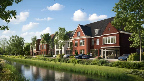 Canal-side modern townhouses under clear blue sky.