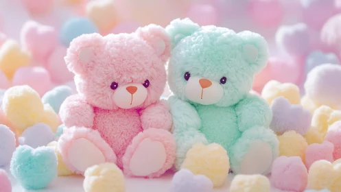 Two Plush Teddy Bears Cuddled Among Pastel Pom-Poms