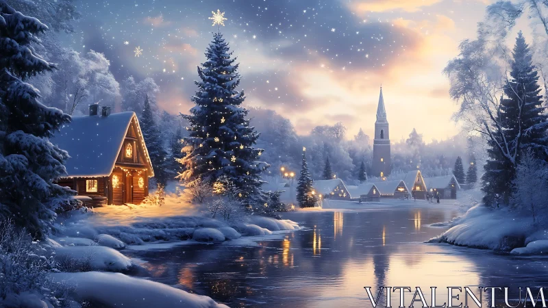 Snowlit riverside village wrapped in glowing winter hush.