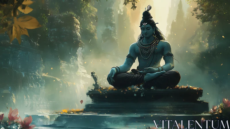 Meditative blue deity in lush volumetric forest light.
