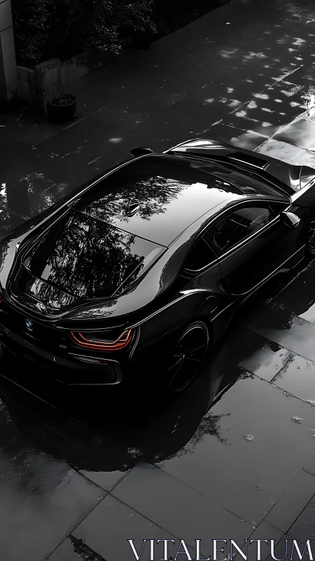 BMW i8 hybrid coupe on wet reflective driveway, rear three-quarter