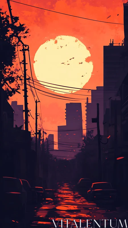 Molten dusk sun swallowing a quiet neon-tinted city street.