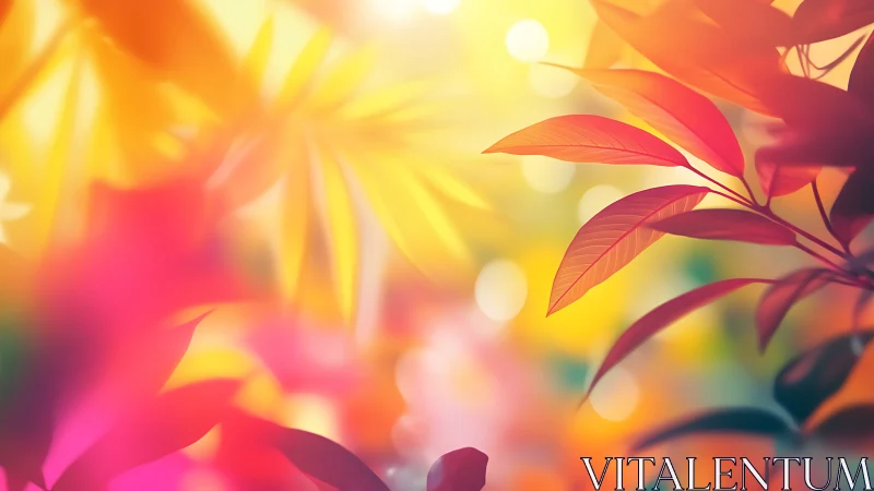 Vibrant red and orange leaves against soft bokeh light.