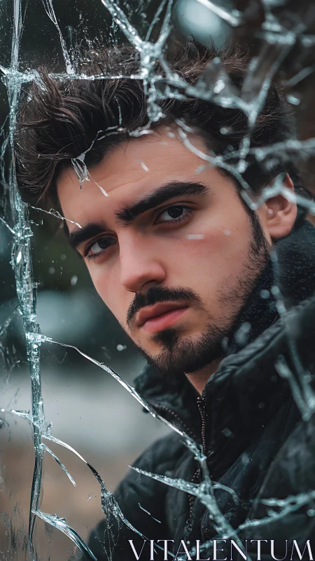 Moody portrait peers through shattered glass reflections