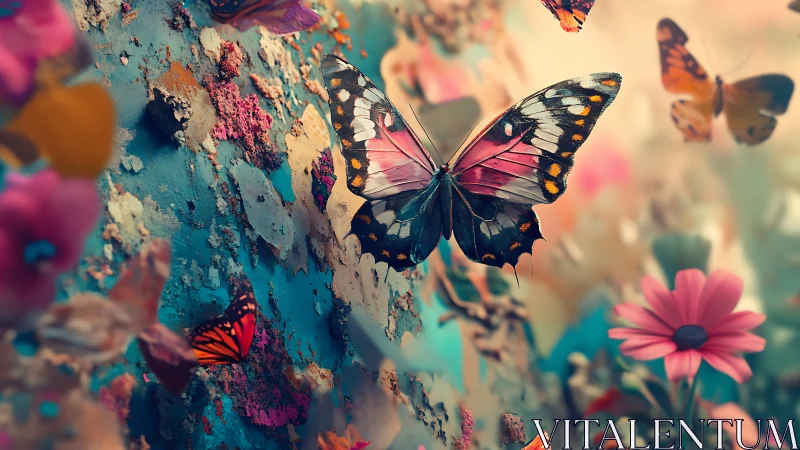 Softly drifting butterflies in a dreamy painted garden.