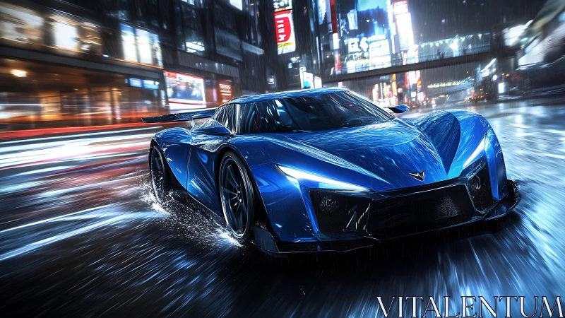 Blue hypercar speeds through wet neon city streets at night.