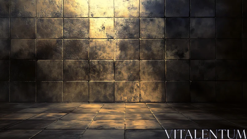 Metallic tiled room surface shows worn reflective panels