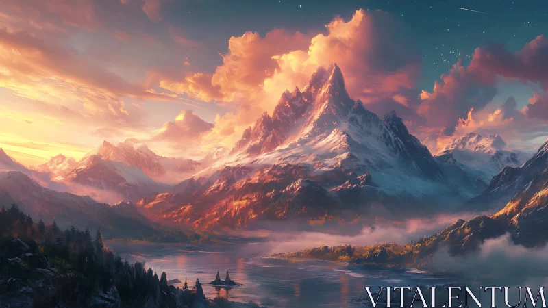 Digital rendering depicts layered alpine peaks at sunset