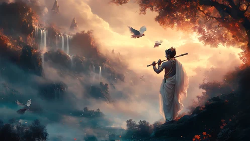 Mythic robed figure with flute in misty waterfall landscape.