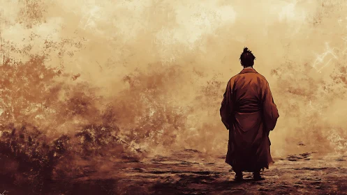 Lone samurai silhouette facing textured desert void.