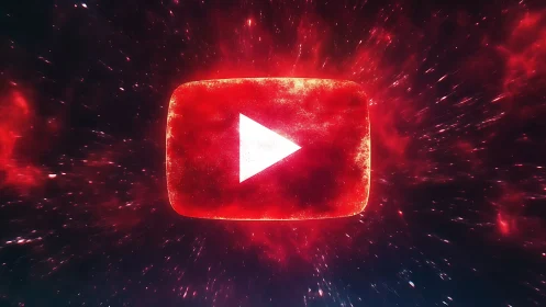 YouTube play icon glows inside cosmic red energy field.