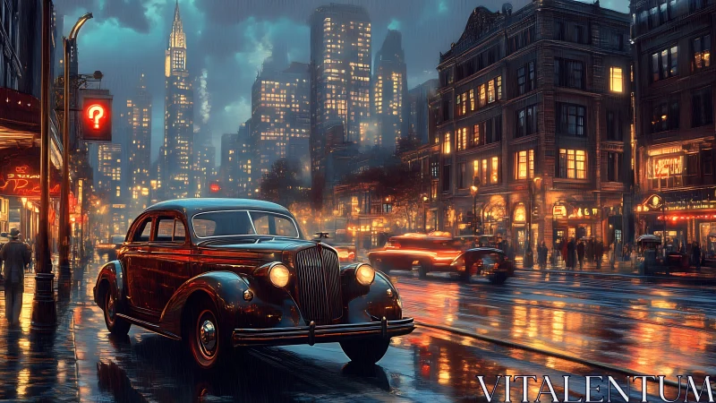 Vintage sedan idles under neon on rain-soaked city avenue