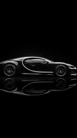 Sleek black hypercar side profile with mirror reflection.