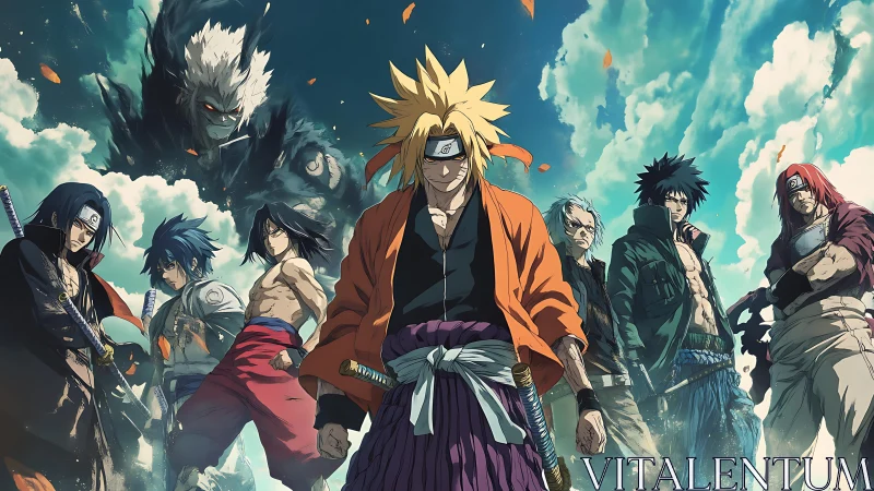 Storm-lit shinobi ensemble with spectral colossus looming overhead.