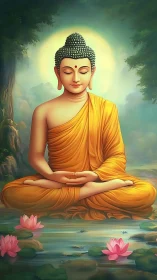 Serene Buddha in golden robes by tranquil lotus pond.