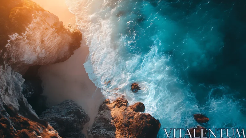 Rocky coastal cliff with surf and secluded sandy cove.