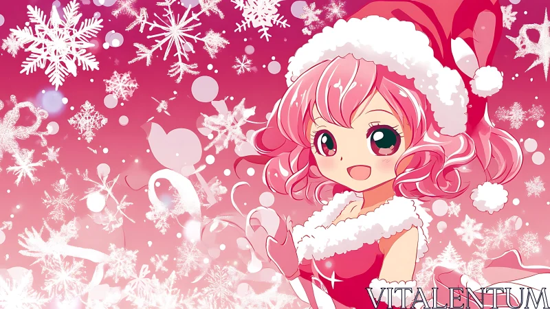 Pink Christmas anime girl in festive snowflake wonderland.