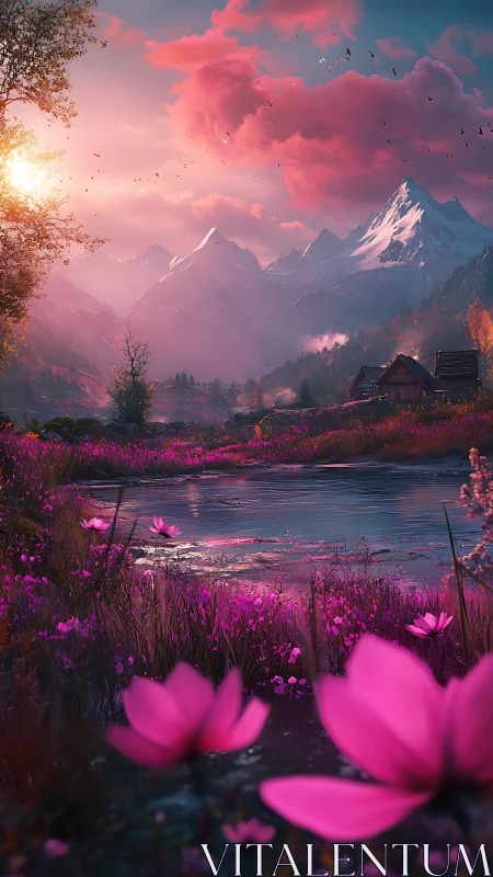 Sunlit alpine valley glows in surreal magenta twilight.