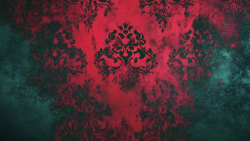 Grunge damask pattern fades into teal textured shadows.