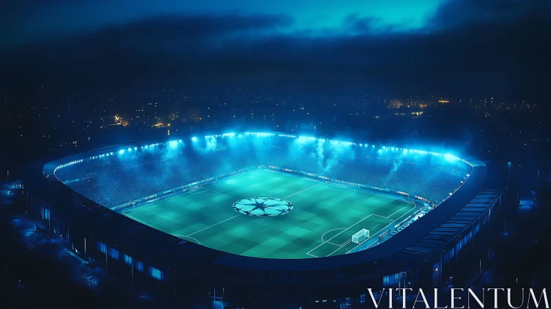 Nighttime football stadium glows under cinematic blue floodlights