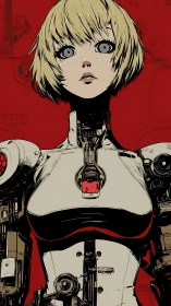 Curious android heroine gazes ahead in bold red silence
